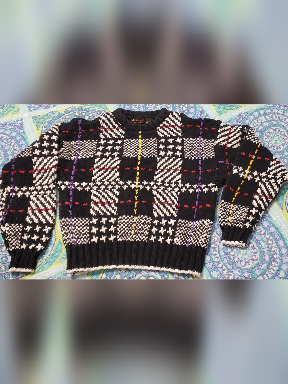 women's retro black & white plaid 100% cott on hand knit crewneck sweater